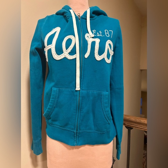 Aeropostale Girls Teal Zip Up Hoodie Sweatshirt Logo Casual Layering Size Large - Picture 2 of 5